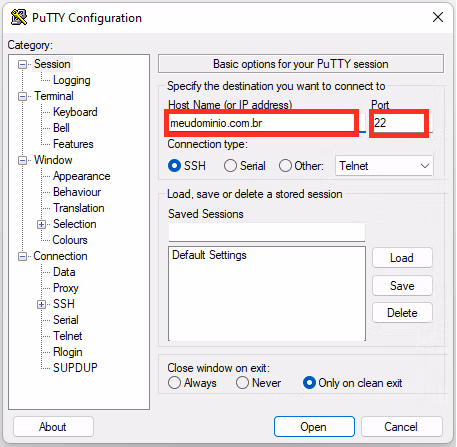 Tela de acesso SSH para hospedagem de site do PuTTY.
